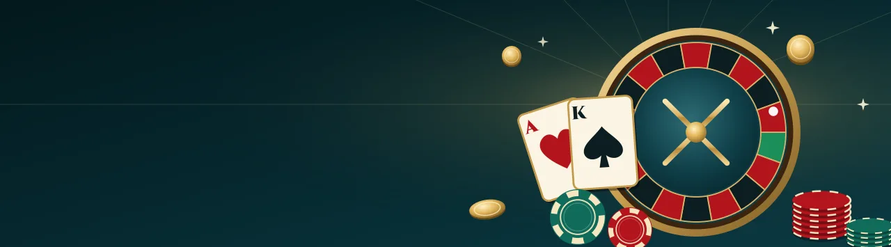 Databet Casino – cazinou online Databet Casino – ruletă, cărți de joc și jetoane pe fundal turcoaz